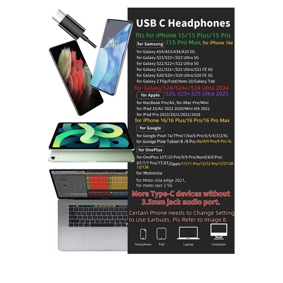 USB C Headphone for Samsung S23 FE S22 S21 S20 A53 A54 Wired Earbuds Magnetic in - Picture 4 of 12
